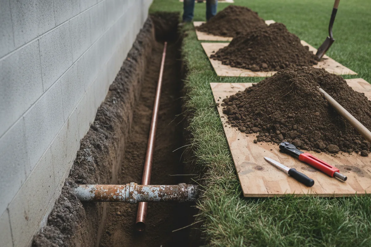 Excavated water line trench during Water Heater Repair in Carol Stream